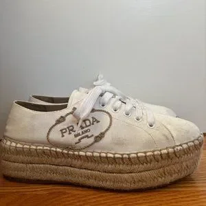 スニーカー PRADA  Espadrilles Women Fabric White Prada White Leather Wingtip Espadrille Oxford Platform size